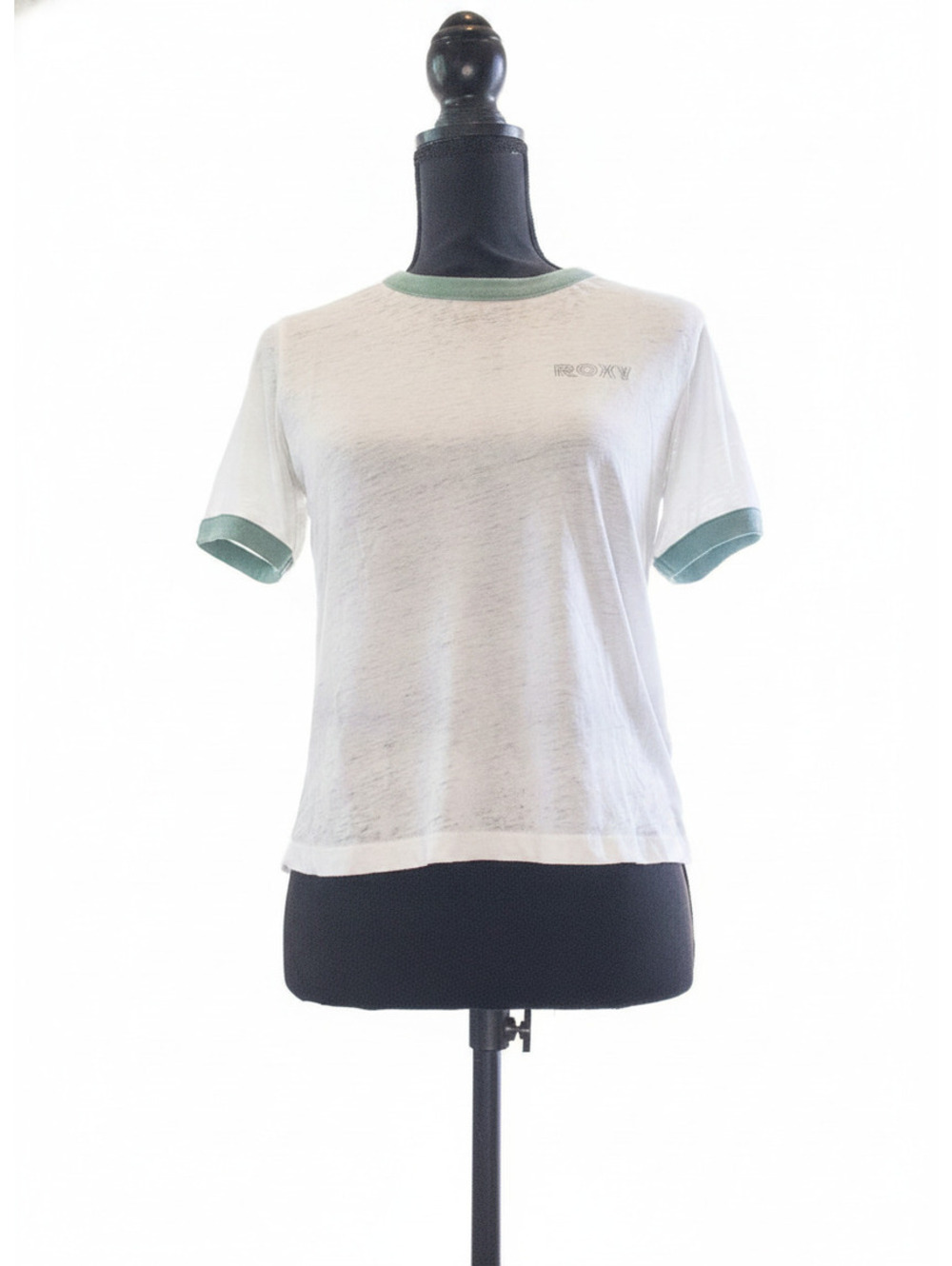 Roxy Women's White and Green Ringer Short Sleeve T-Shirt